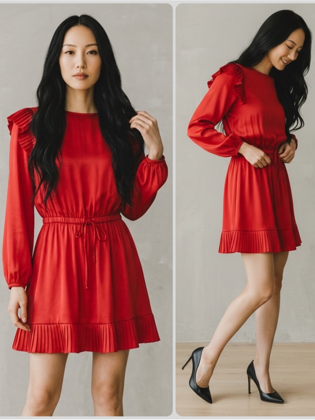 The Kooples Red Long-Sleeve Pleated Ruffle Hem Drawstring Mini Dress Nwt $306
